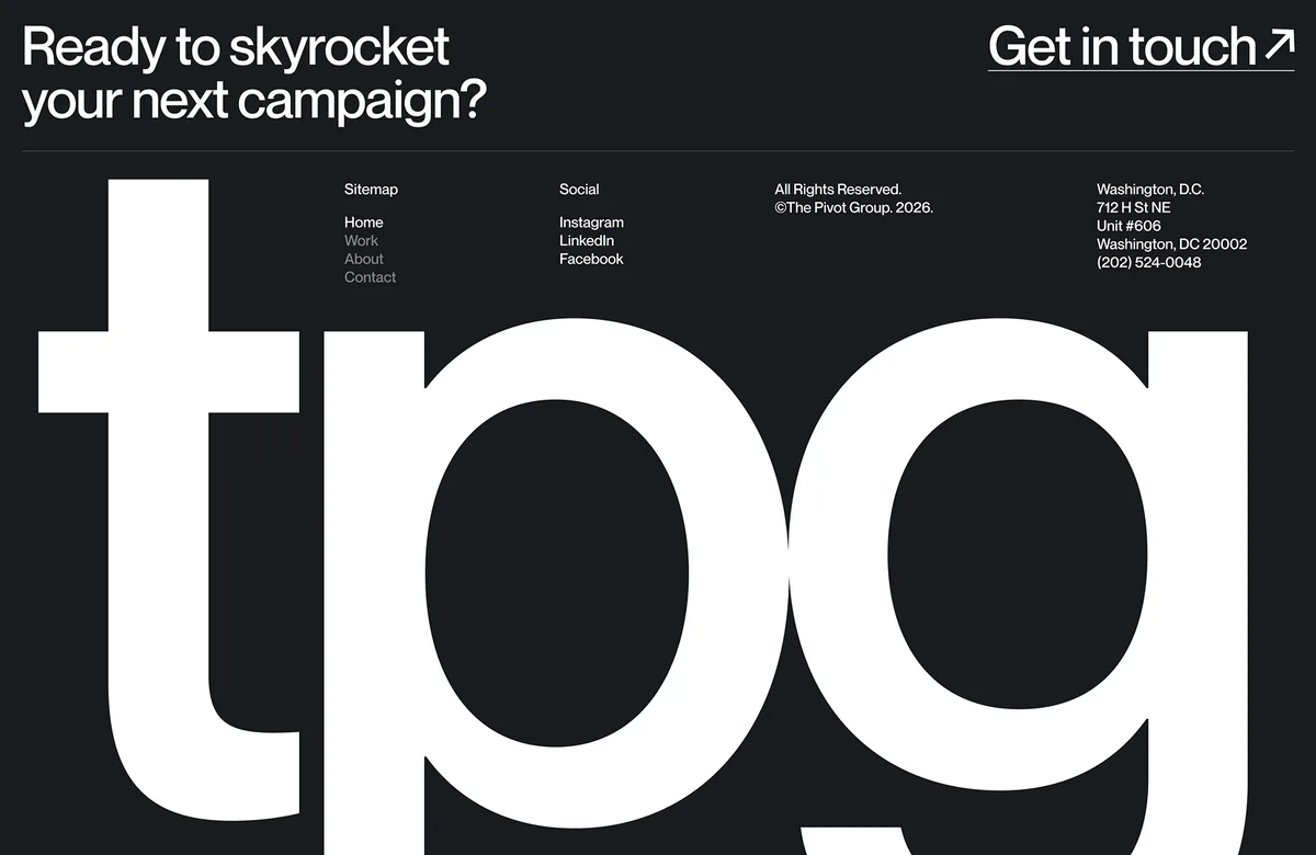TPG website with oversized white lettering